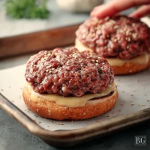 Delicious grilled hamburgers sizzling on the BBQ grill