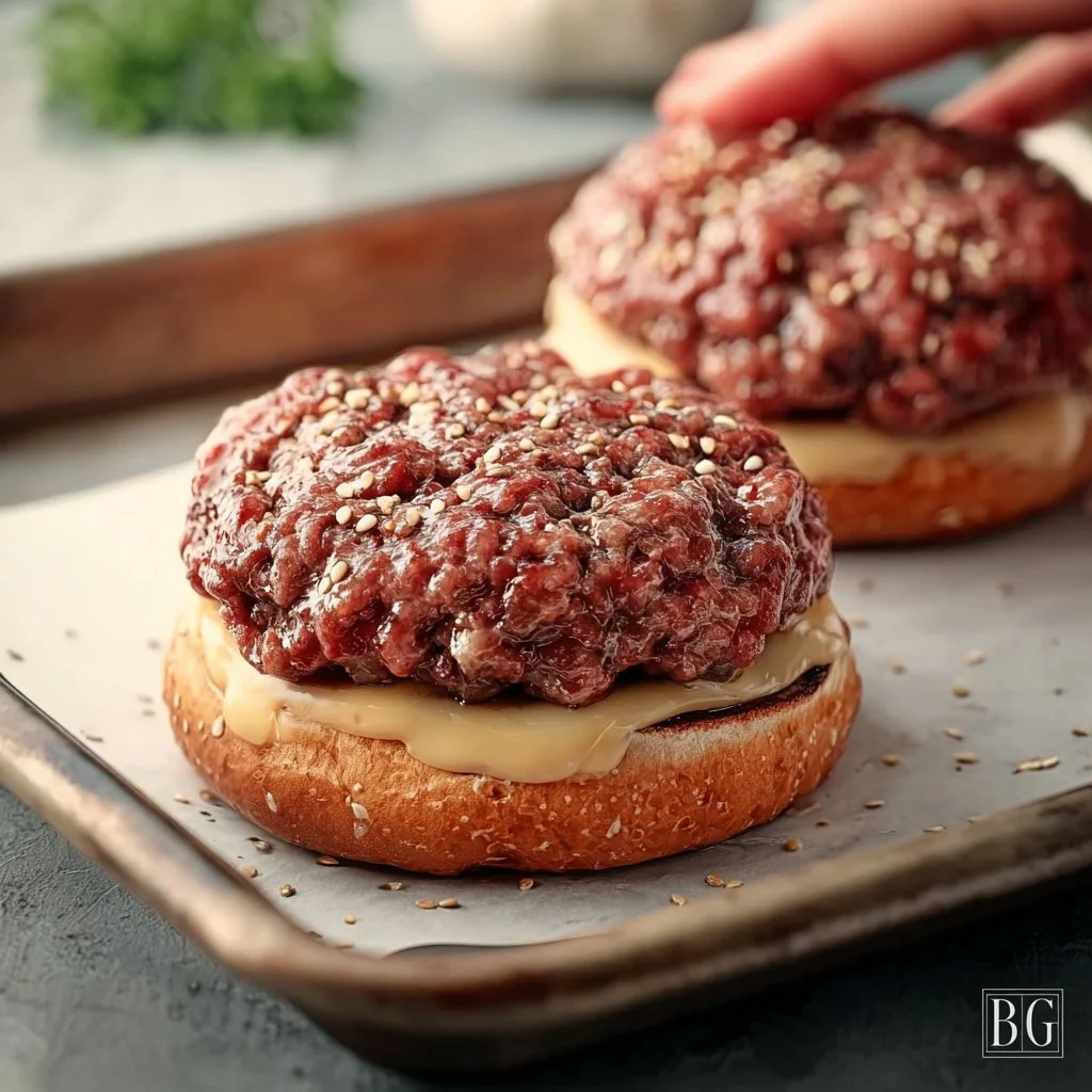 Delicious grilled hamburgers sizzling on the BBQ grill