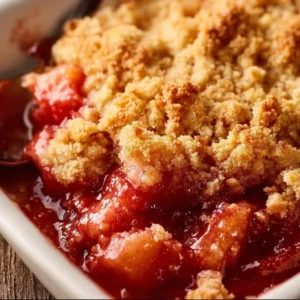 Delicious homemade rhubarb crisp in a baking dish topped with oatmeal and butter.