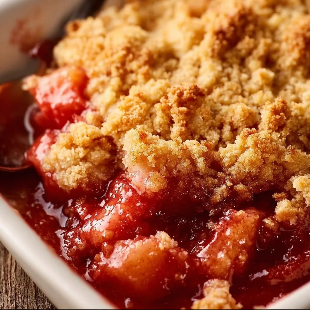 Delicious homemade rhubarb crisp in a baking dish topped with oatmeal and butter.