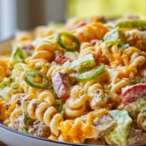 Delicious Big Mac Pasta Salad with ground beef, lettuce, and cheese