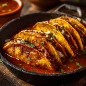 Delicious plate of Birria Tacos with juicy beef and aromatic herbs served hot.