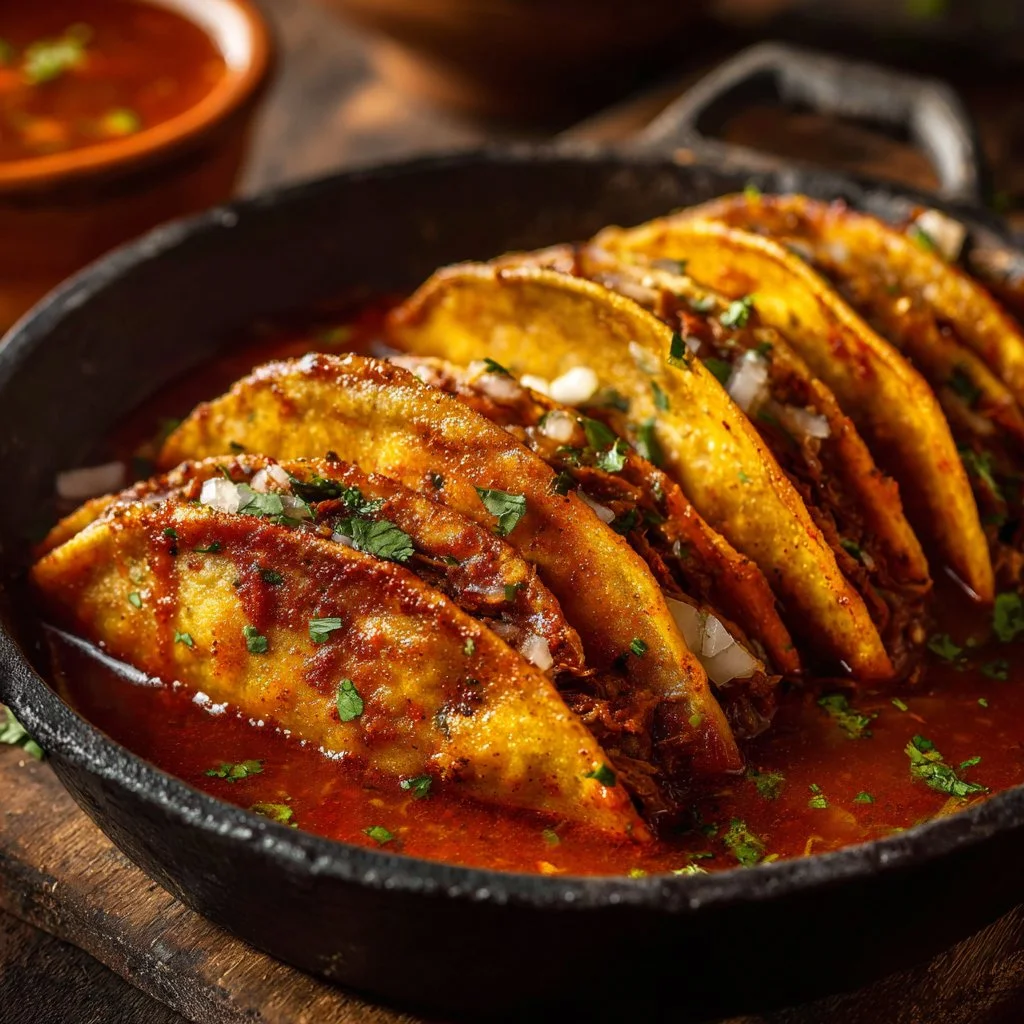 Delicious plate of Birria Tacos with juicy beef and aromatic herbs served hot.