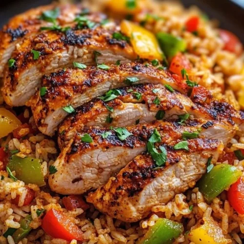 Deliciously spiced Cajun Chicken served on a bed of rice.