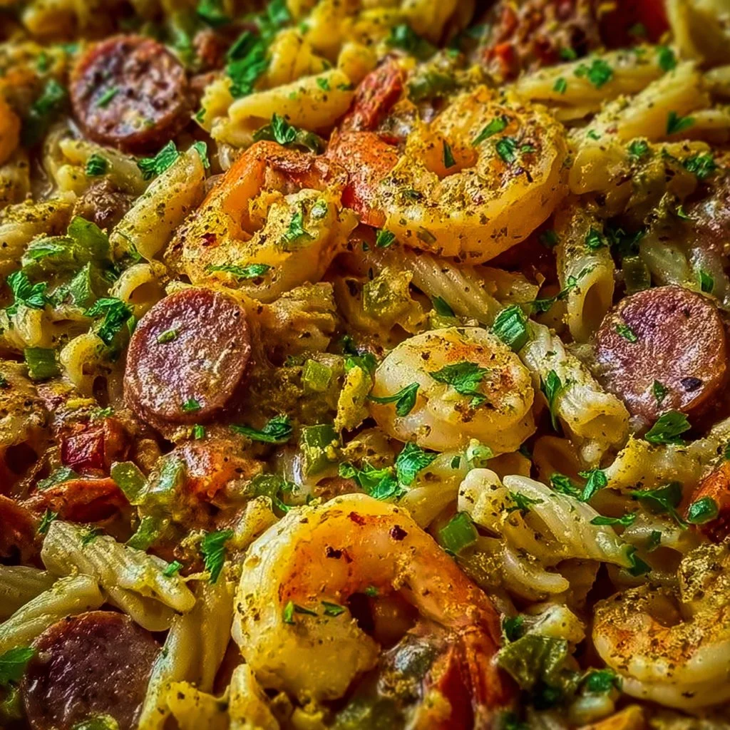 Delicious Cajun pasta with chicken and shrimp served in a creamy sauce