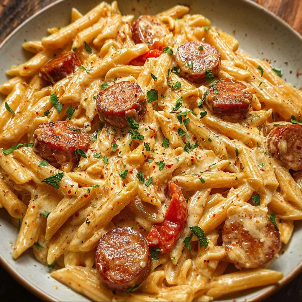 Delicious Cajun Sausage Pasta dish served in a bowl with herbs