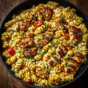 Cheesy Cajun Garlic Chicken Rotini Skillet served in a skillet
