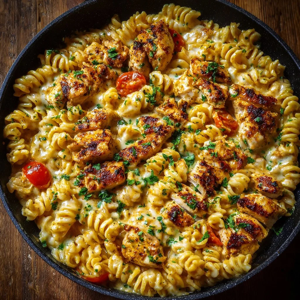 Cheesy Cajun Garlic Chicken Rotini Skillet served in a skillet
