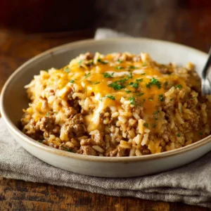Cheesy ground beef and rice casserole in a baking dish, topped with melted cheese.