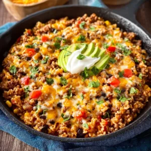 Delicious Cheesy Taco Rice Skillet topped with cheese and spices