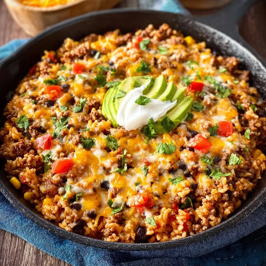 Delicious Cheesy Taco Rice Skillet topped with cheese and spices