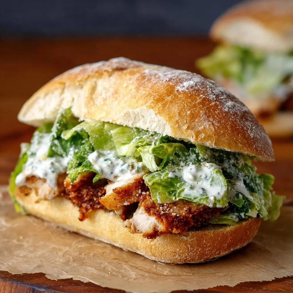 Chicken Caesar Sandwich with grilled chicken, romaine lettuce, and Caesar dressing