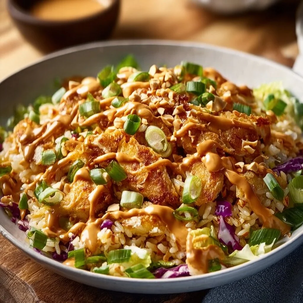 Delicious Chicken Crispy Rice Salad with vibrant vegetables and peanut dressing