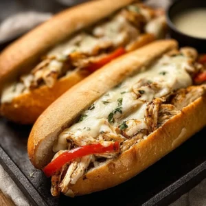 Delicious Chicken Philly Cheese Steaks with melted cheese and fresh toppings