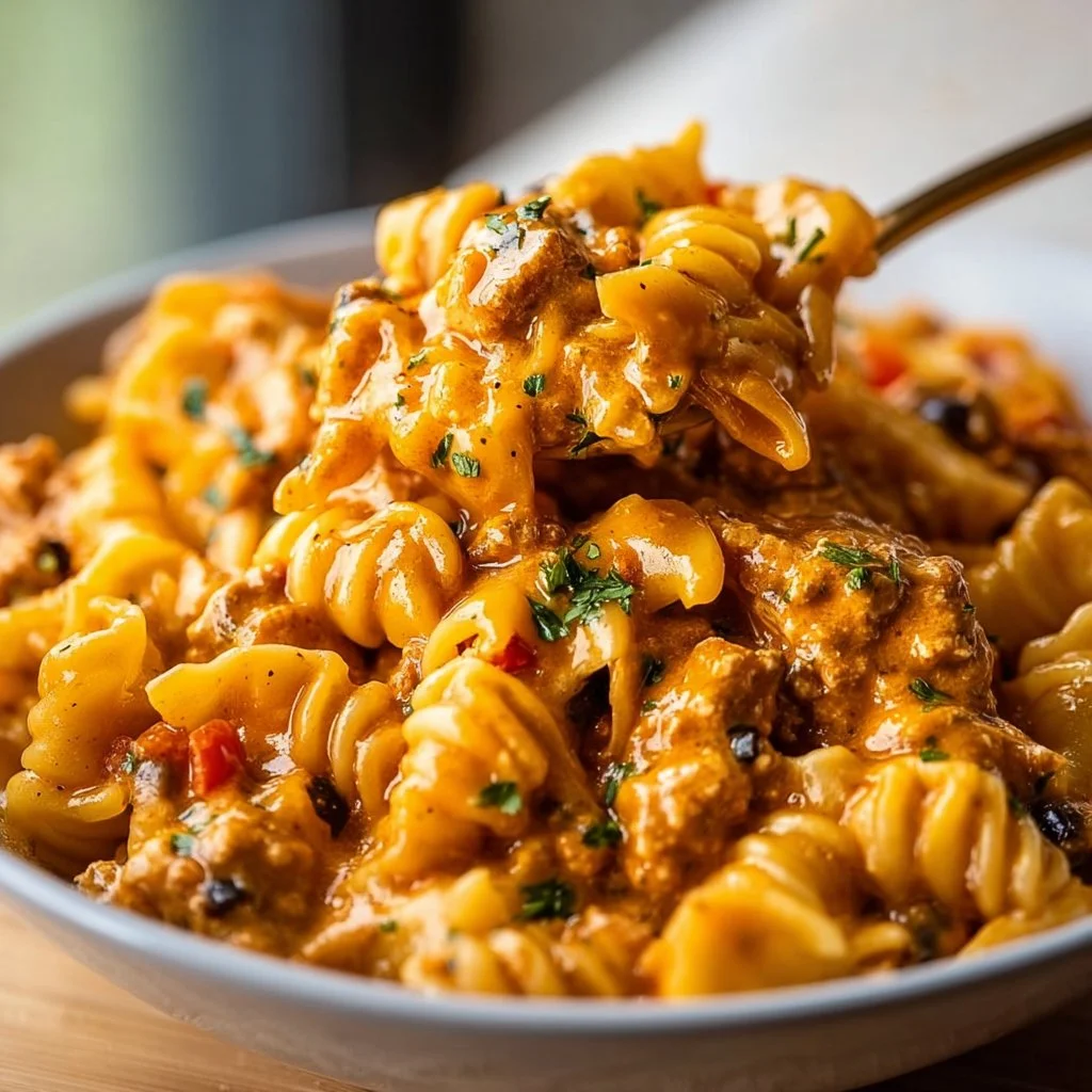Delicious Chicken Taco Pasta in a creamy sauce topped with cheese and fresh herbs