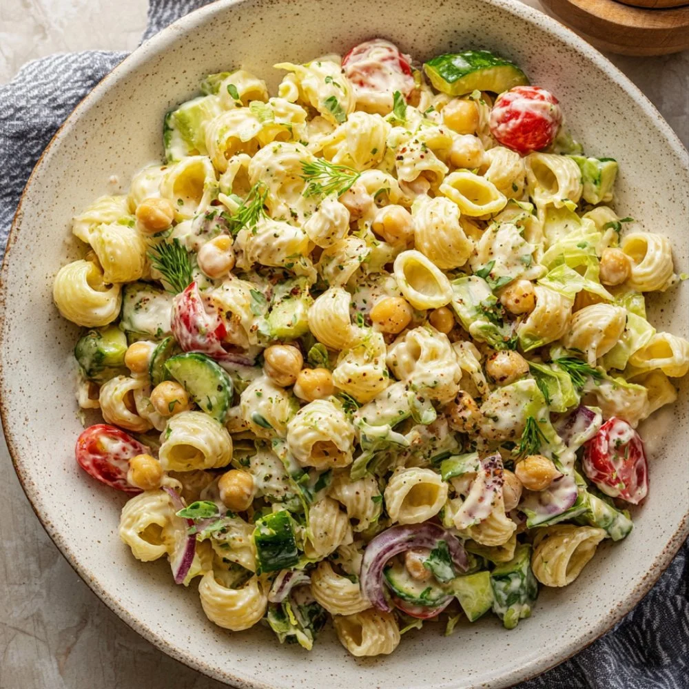 Chickpea pasta salad with fresh vegetables and dressing