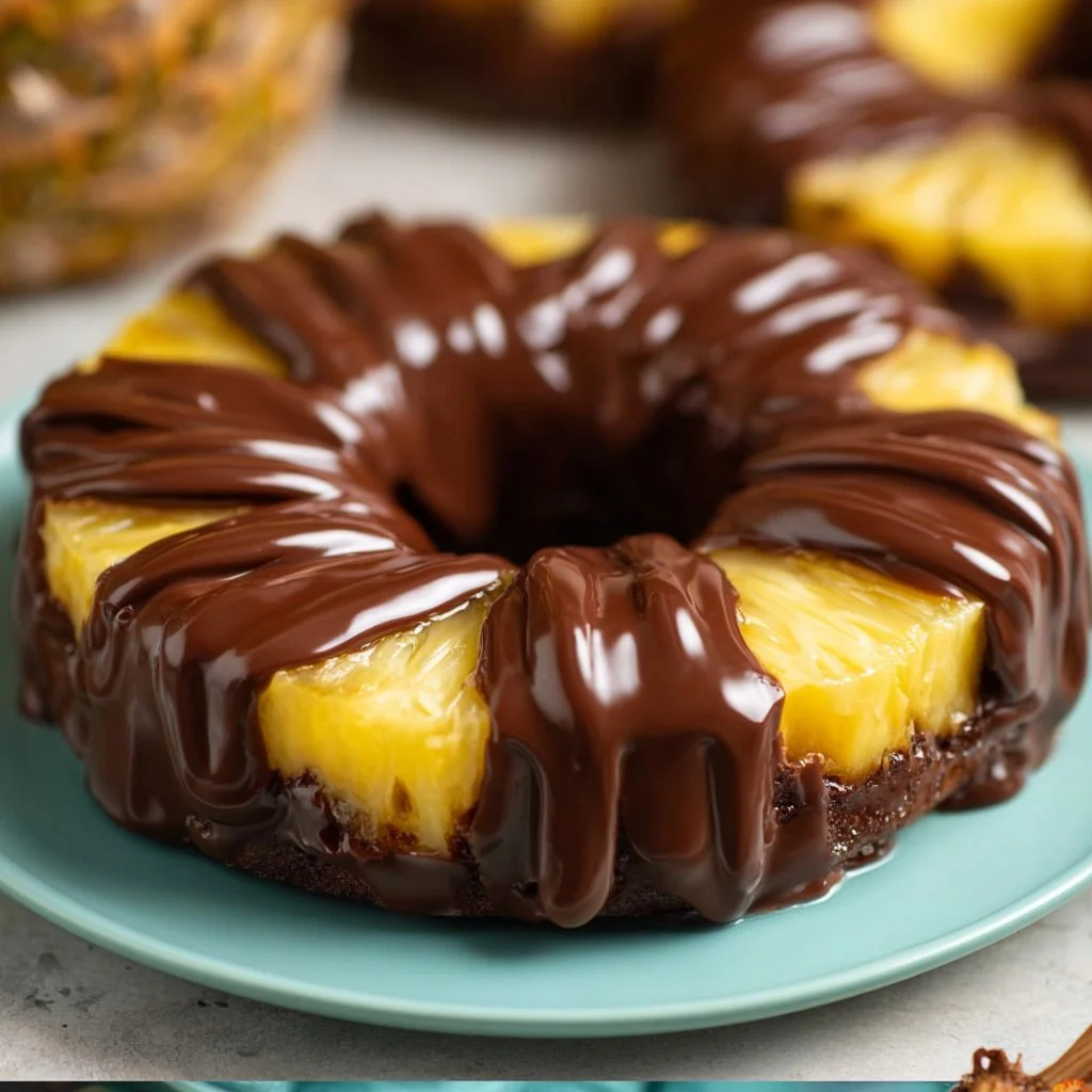Delicious chocolate covered pineapple rings drizzled with chocolate