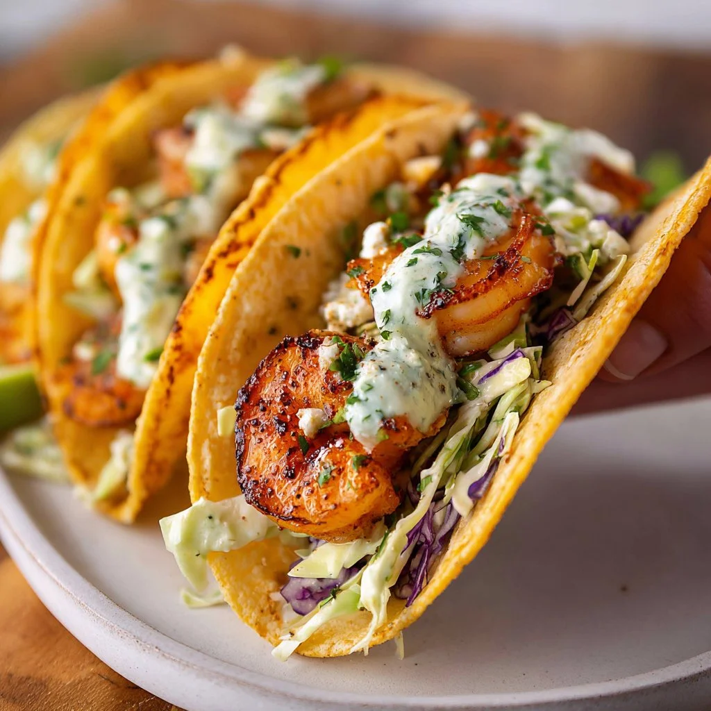 Cilantro lime shrimp tacos served with fresh toppings and lime wedges