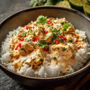 Delicious Coconut Chicken Rice Bowl with vibrant veggies and coconut sauce