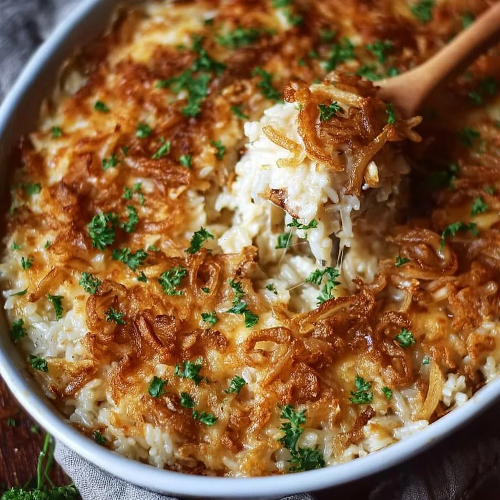 Comforting French Onion Chicken Rice Bake with melted cheese and savory onions