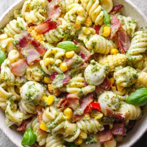 Corn Pasta Salad with Bacon and Creamy Pesto Dressing in a bowl