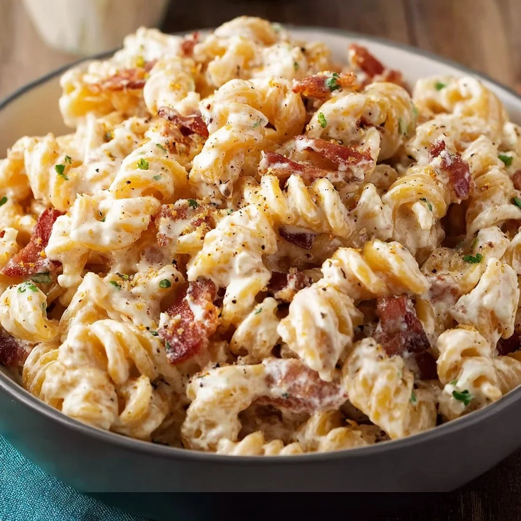 Creamy bacon cheddar ranch pasta salad with fresh ingredients in a bowl.