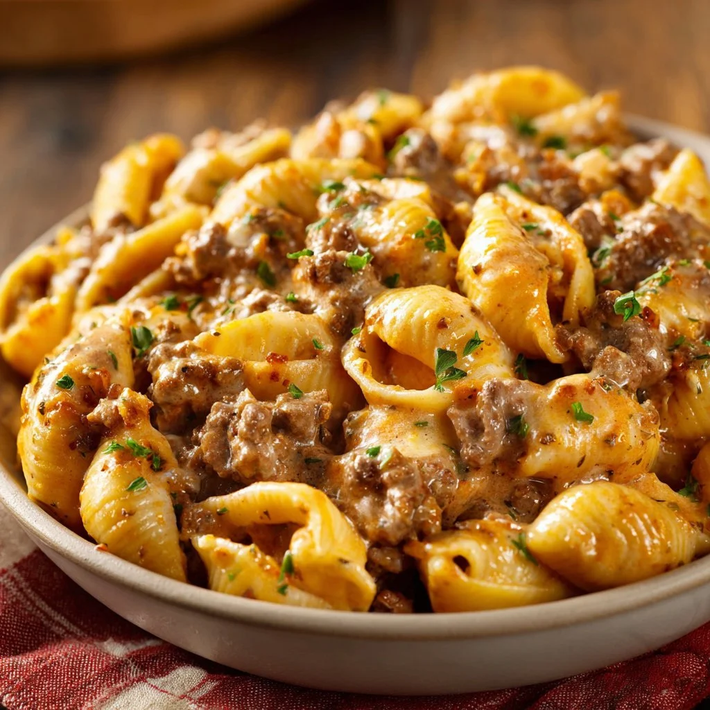 Creamy beef and shells dish prepared with pasta and beef in a creamy sauce