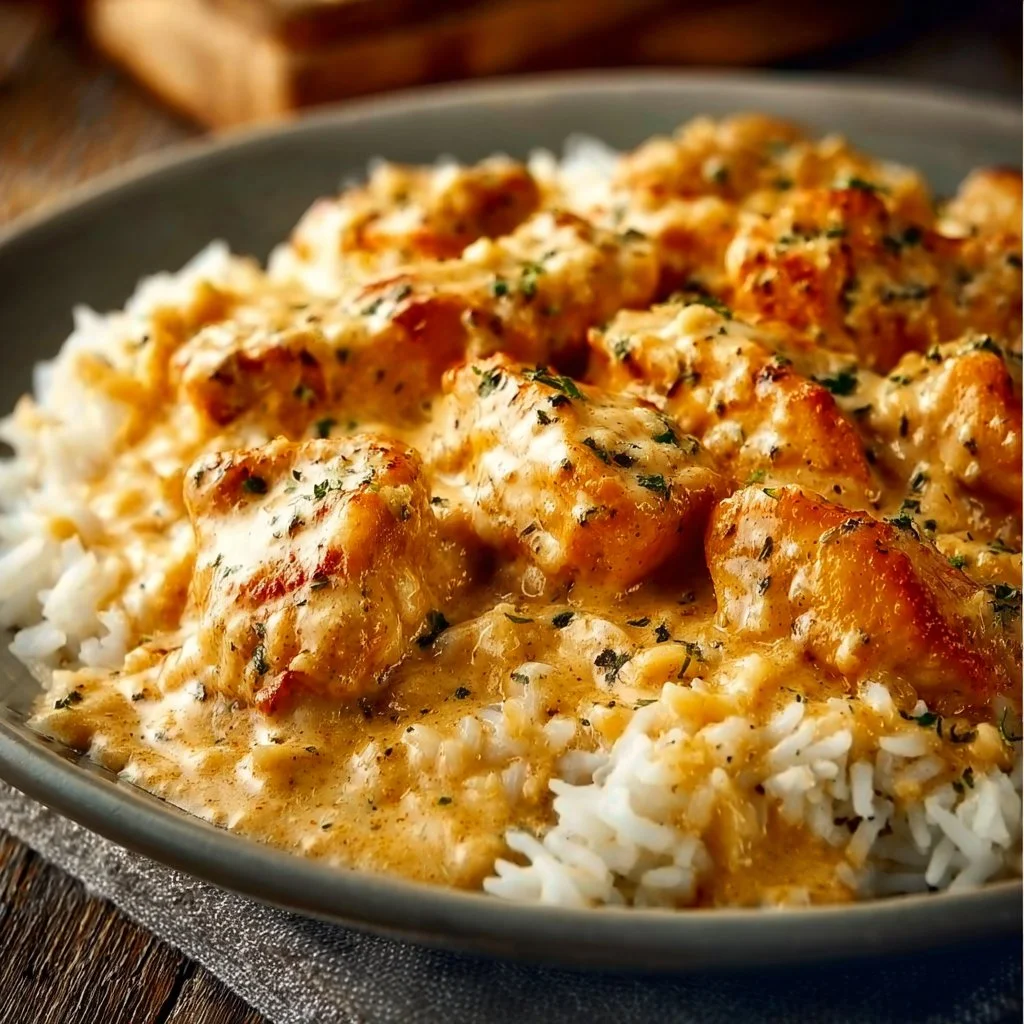Creamy chicken and rice dish with vegetables in a bowl
