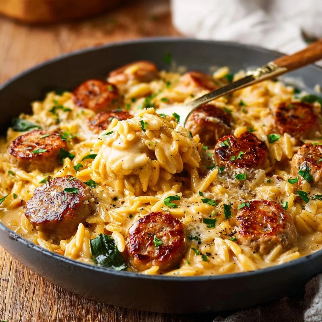 Creamy chicken sausage orzo garnished with herbs in a bowl