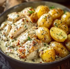 Creamy garlic chicken served with crispy baby potatoes on a plate