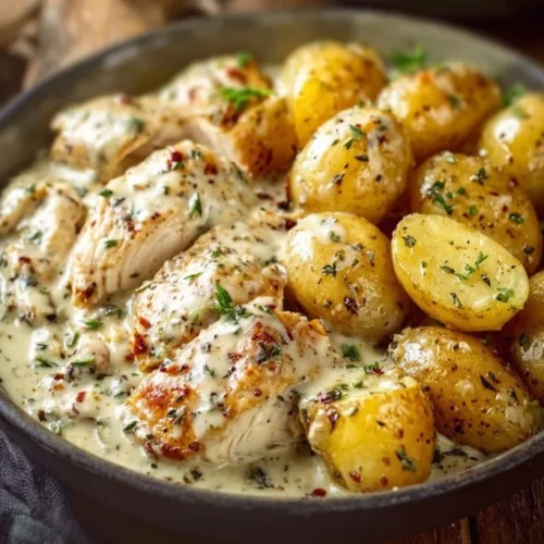 Creamy garlic chicken served with crispy baby potatoes on a plate