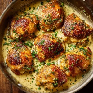 Creamy garlic chicken thighs served on a plate with herbs and spices