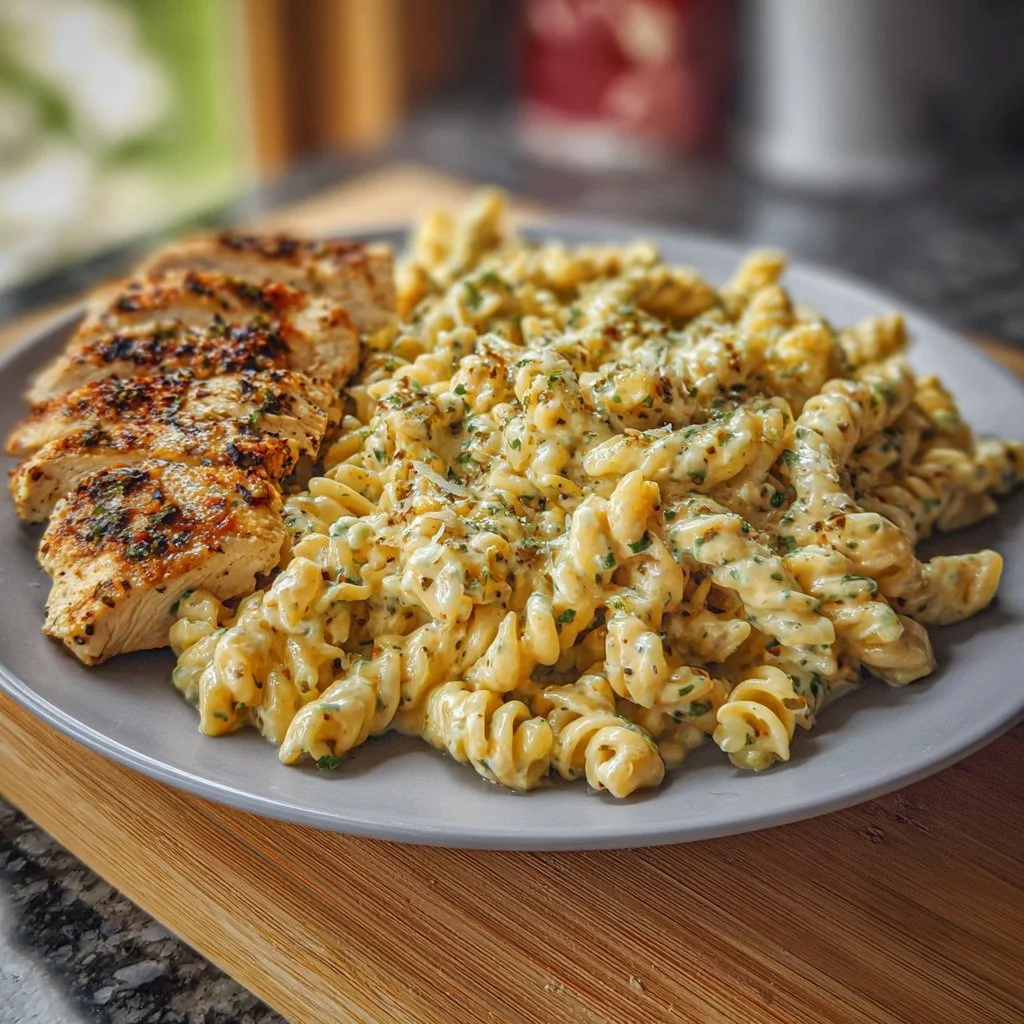 Creamy garlic parmesan chicken pasta dish with chicken and pasta