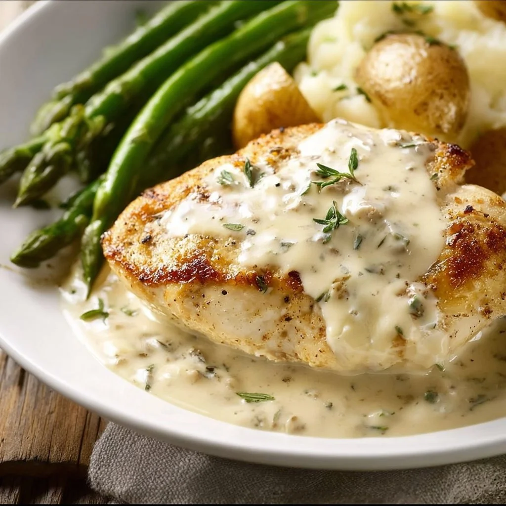 Creamy ranch chicken served on a plate with fresh herbs and side dishes