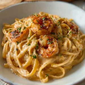 Creamy shrimp linguine garnished with fresh herbs on a white plate