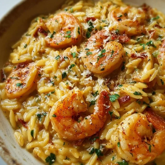 Creamy shrimp orzo dish served in a bowl with herbs on top