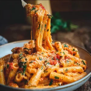 Creamy tomato garlic pasta dish garnished with fresh herbs