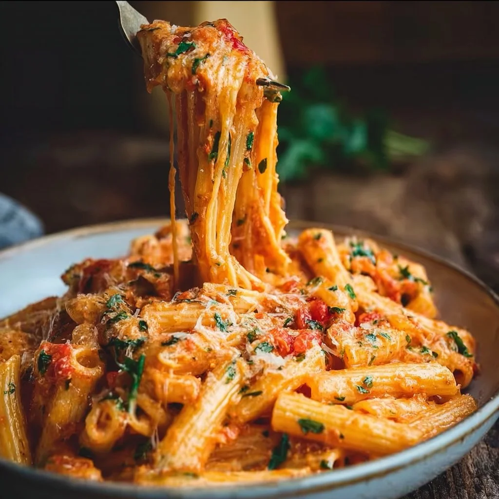 Creamy tomato garlic pasta dish garnished with fresh herbs