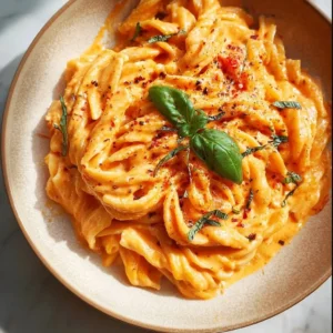 Plate of creamy tomato pasta topped with fresh basil and grated cheese