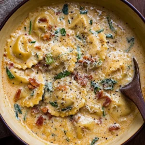 Bowl of creamy Tuscan Ravioli Soup garnished with herbs and vegetables.
