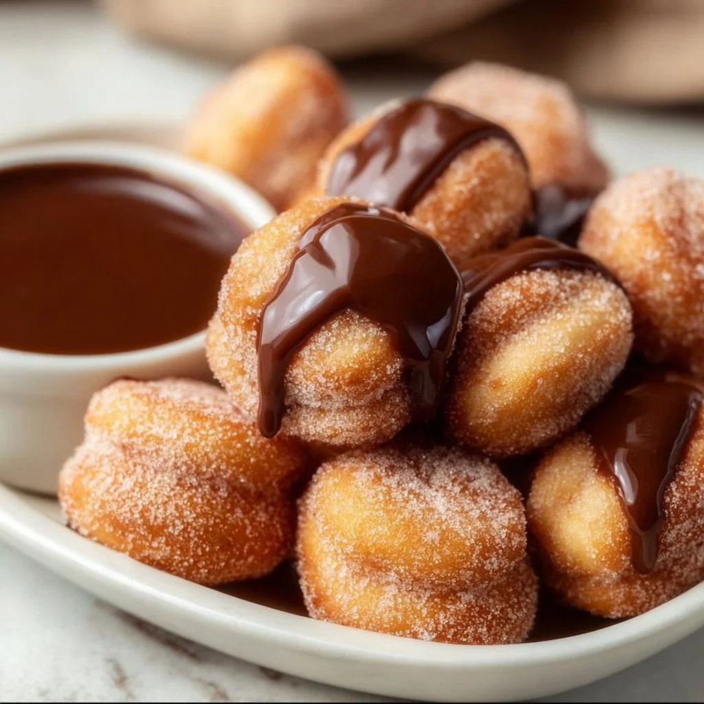 Crispy air fryer churro bites served in a bowl with cinnamon sugar