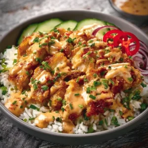 Crispy chicken with creamy spicy sauce served on jasmine rice