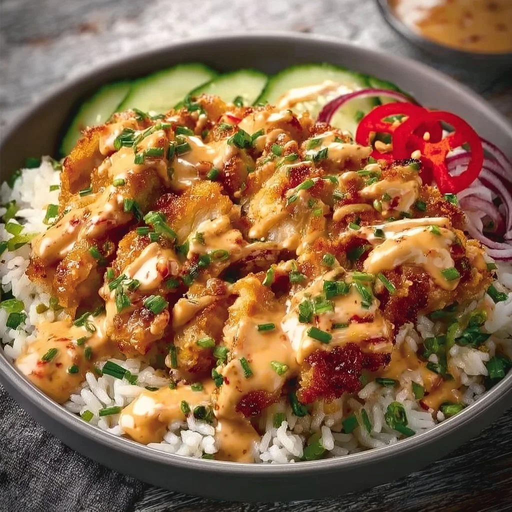 Crispy chicken with creamy spicy sauce served on jasmine rice