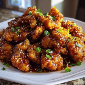 Plate of crispy orange chicken garnished with green onions and sesame seeds
