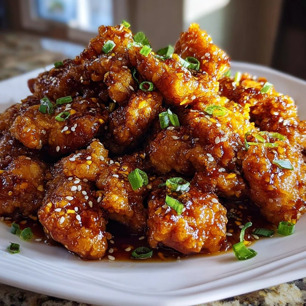 Plate of crispy orange chicken garnished with green onions and sesame seeds