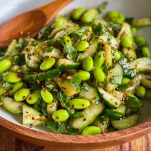 Fresh and colorful Cucumber Edamame Salad served in a bowl