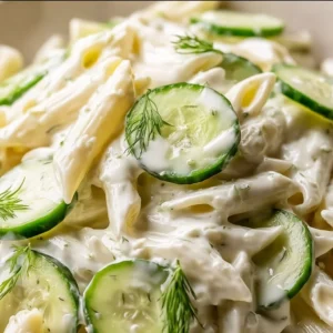 A vibrant bowl of Cucumber Pasta Salad with fresh vegetables and herbs