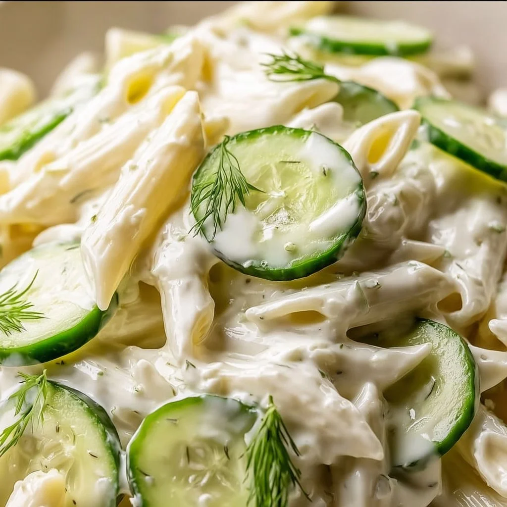 A vibrant bowl of Cucumber Pasta Salad with fresh vegetables and herbs