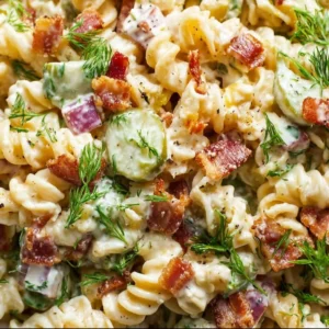 Delicious Dill Pickle Bacon Pasta Salad in a colorful bowl with fresh ingredients.