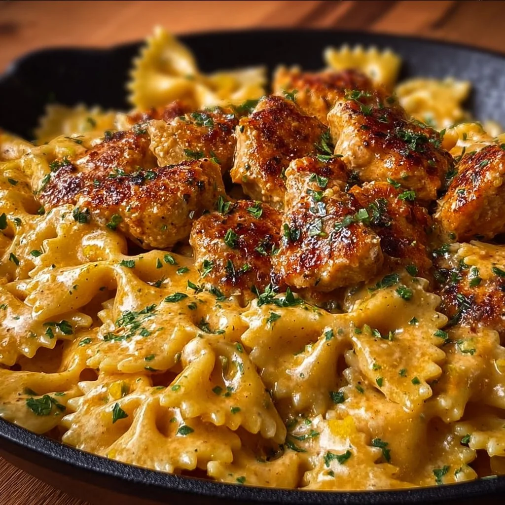 Delicious garlic butter chicken with bowtie pasta on a plate.